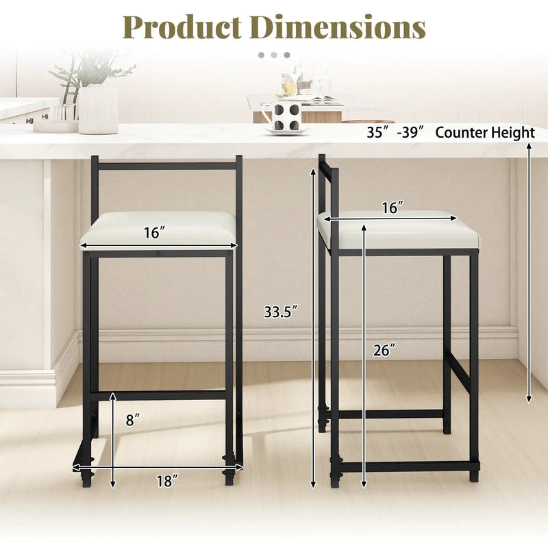 Set of 2 Stackable Counter Height Bar Stools PU Leather Upholstered with Footrest-Black by DirectDeals