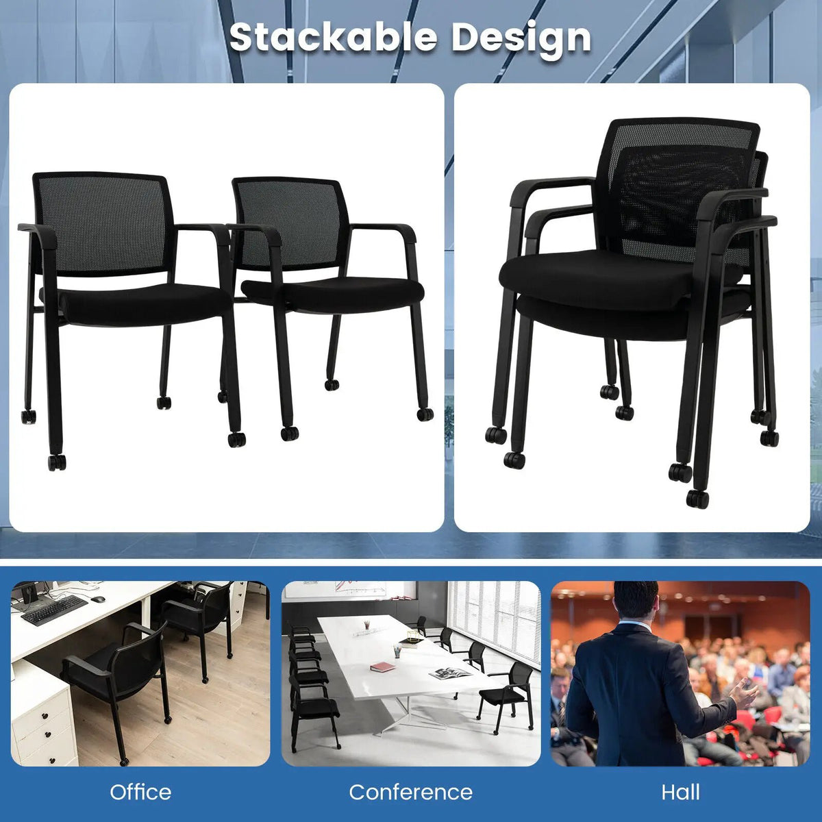 Set of 2 Stackable Rolling Office Chairs with Mesh Backrest, photo 7 of 9