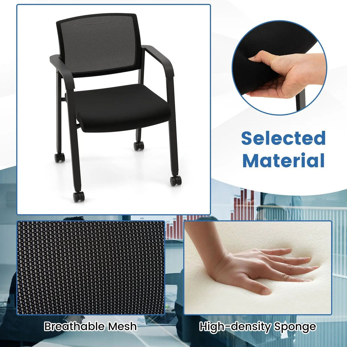 Set of 2 Stackable Rolling Office Chairs with Mesh Backrest, photo 8 of 9