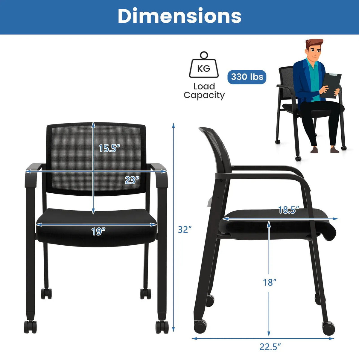 Set of 2 Stackable Rolling Office Chairs with Mesh Backrest, photo 4 of 9