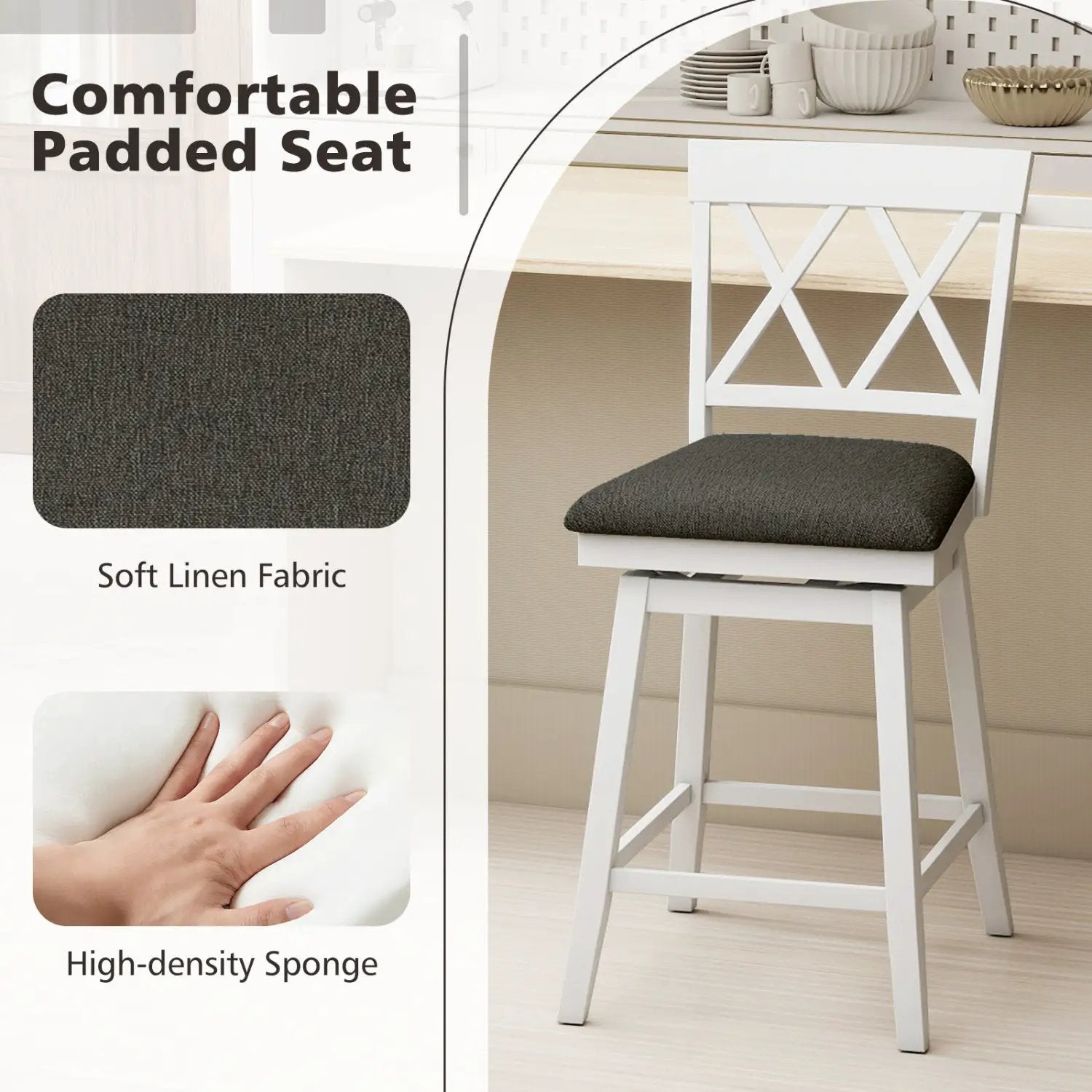 Set of 2 Swivel Bar Stools Counter Height Barstools with Backrest Upholstered Seat Cushion by DirectDeals
