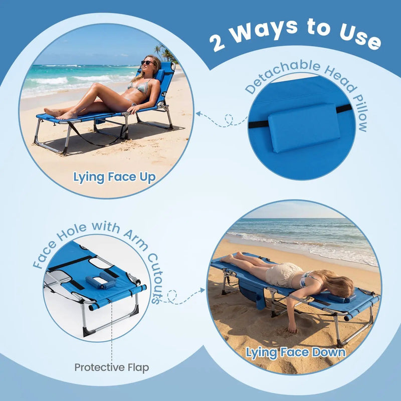 Set of 2 Tanning Chairs with Face Arm Holes Portable with 4-Level Backrest by DirectDeals