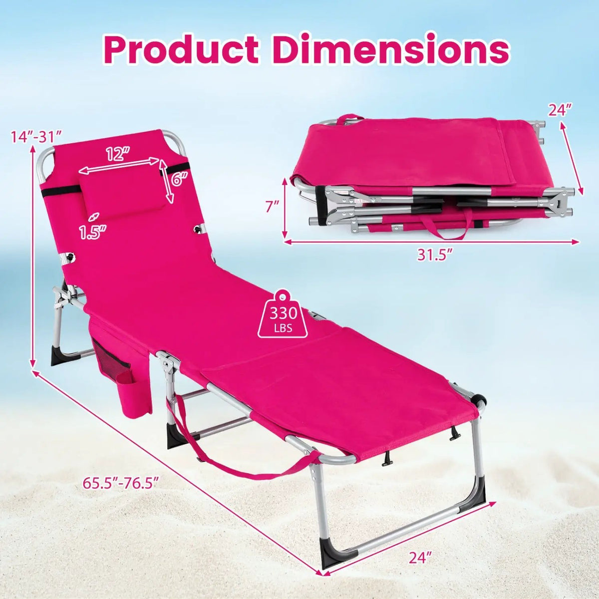 Set of 2 Tanning Chairs with Face Arm Holes Portable with 4-Level Backrest, photo 14 of 28