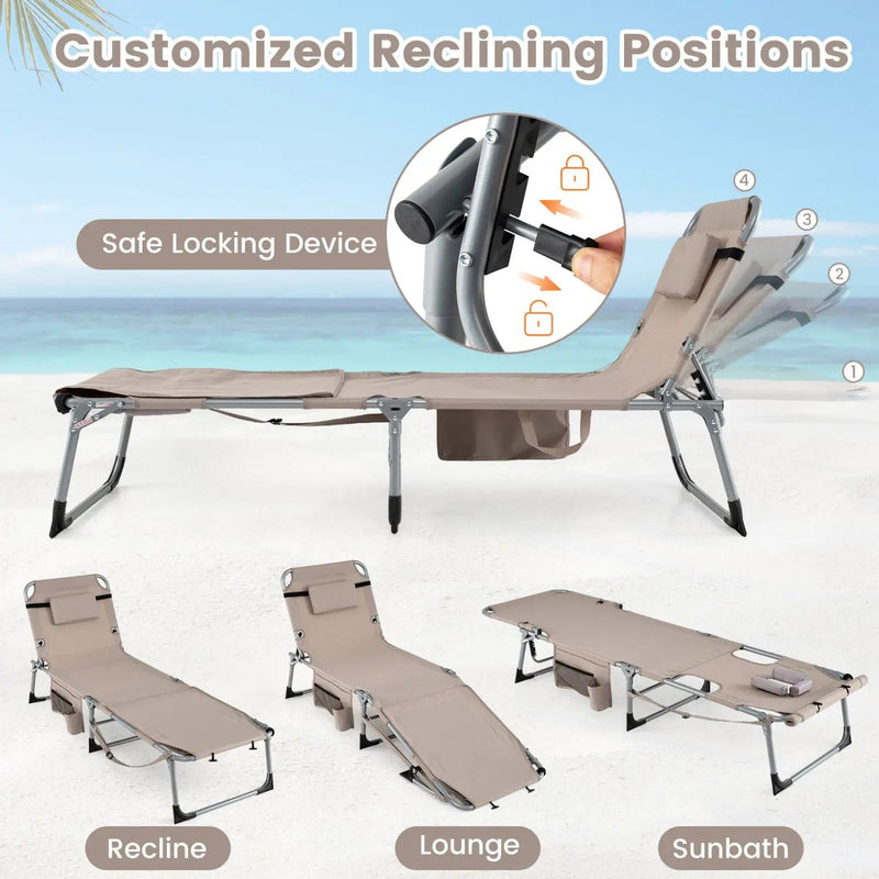 Set of 2 Tanning Chairs with Face Arm Holes Portable with 4-Level Backrest by DirectDeals