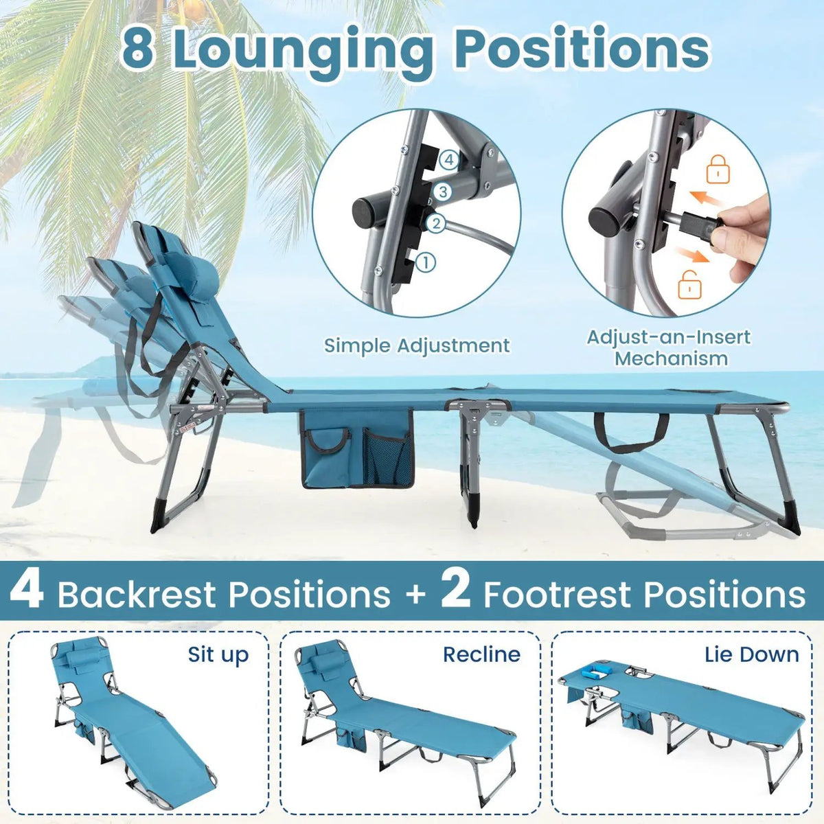 Set of 2 Tanning Chair Portable Chaise Lounge Chair with 4-Position Adjustable Backrest, photo 15 of 24