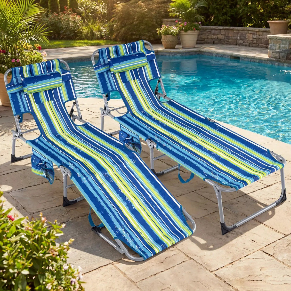 Set of 2 Tanning Chair Portable Chaise Lounge Chair with 4-Position Adjustable Backrest, photo 2 of 24