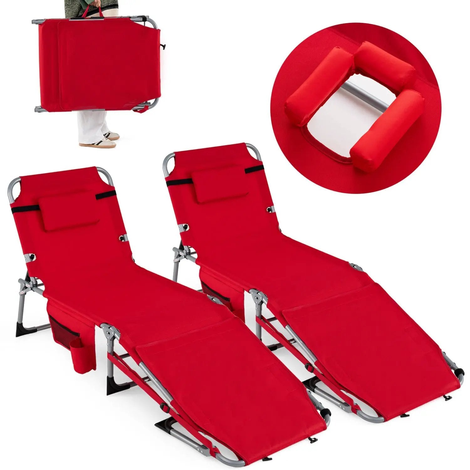 Set of 2 Tanning Chairs with Face Arm Holes Portable with 4-Level Backrest by DirectDeals