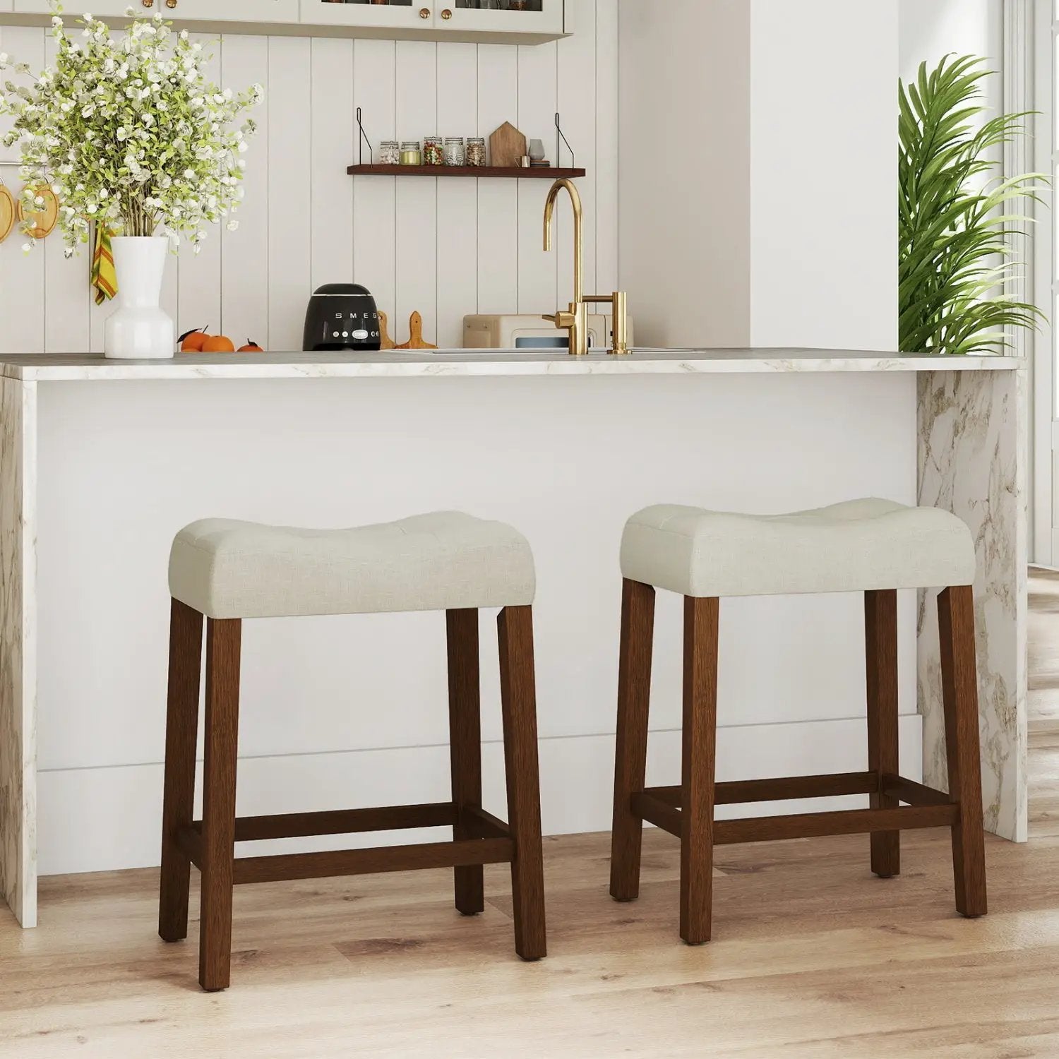 Set of 2 Upholstered Counter Height Bar Stool with Curved Saddle-Seat by DirectDeals