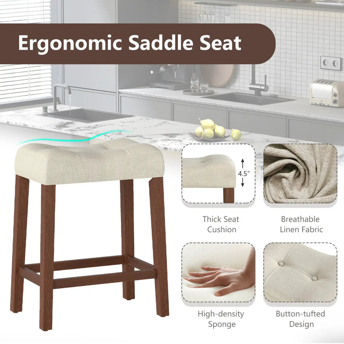 Set of 2 Upholstered Counter Height Bar Stool with Curved Saddle-Seat, photo 11 of 15