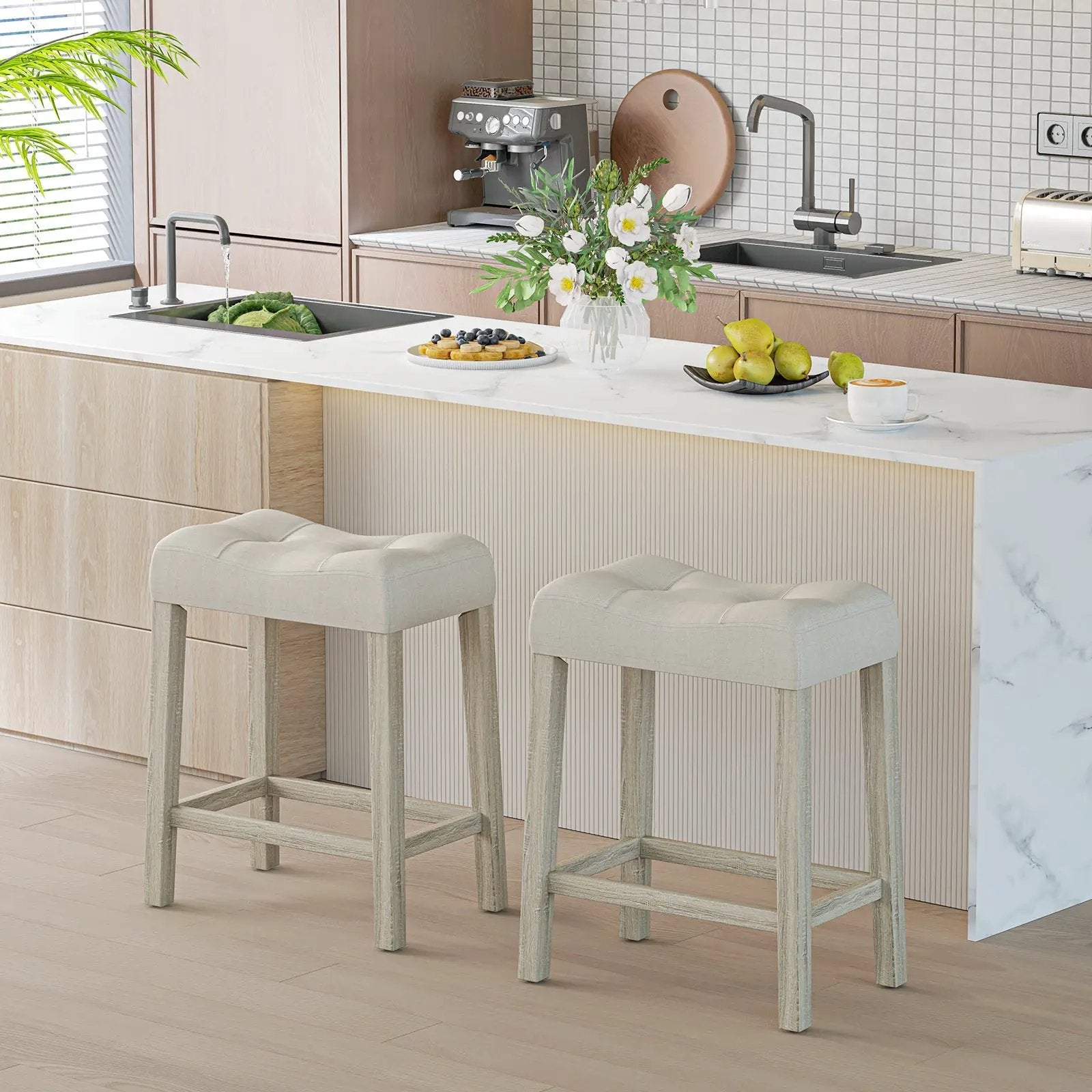 Set of 2 Upholstered Counter Height Bar Stool with Curved Saddle-Seat by DirectDeals