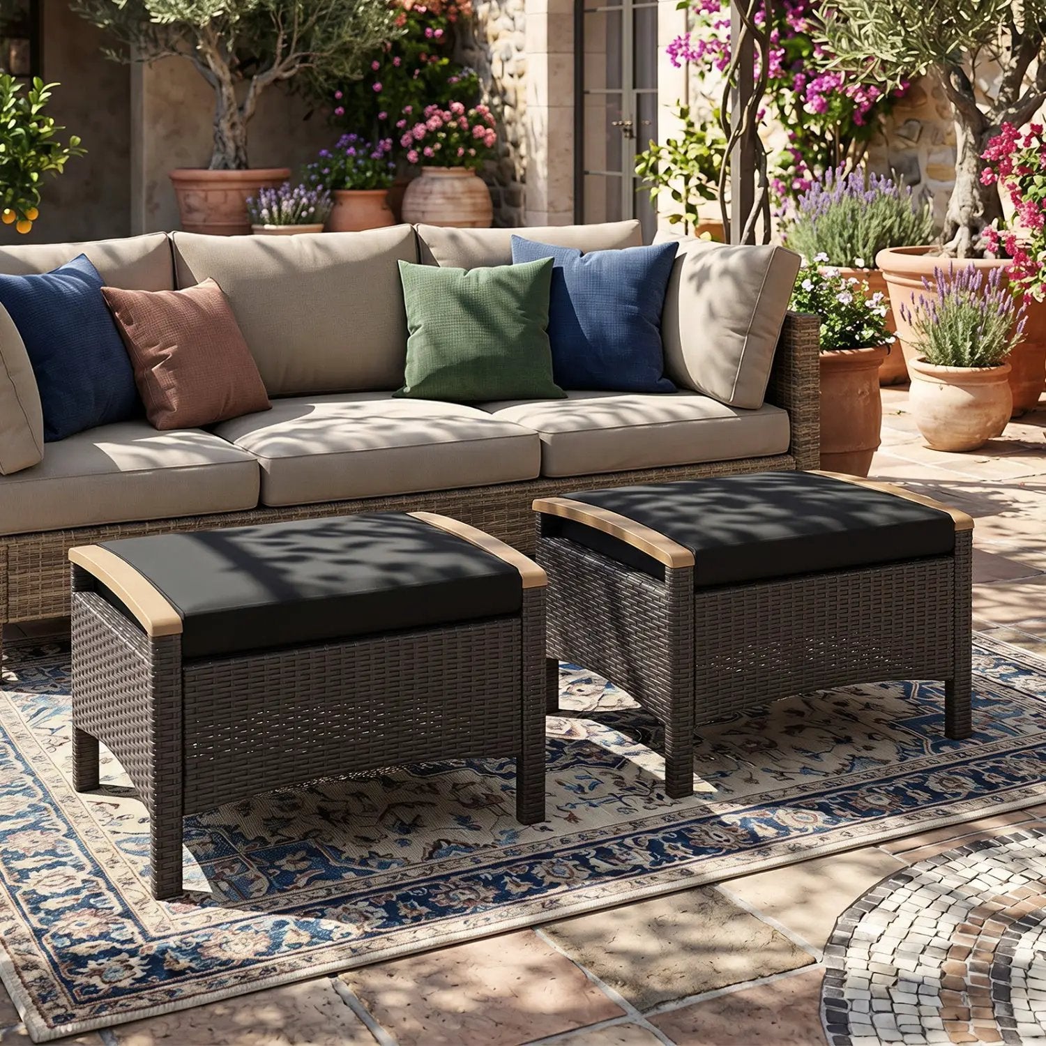Wicker Patio Ottoman Set of 2 with Cushion by DirectDeals