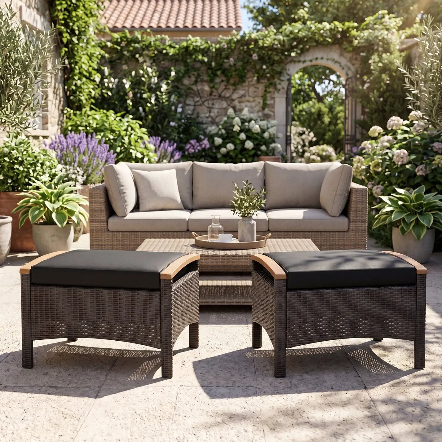 Wicker Patio Ottoman Set of 2 with Cushion by DirectDeals