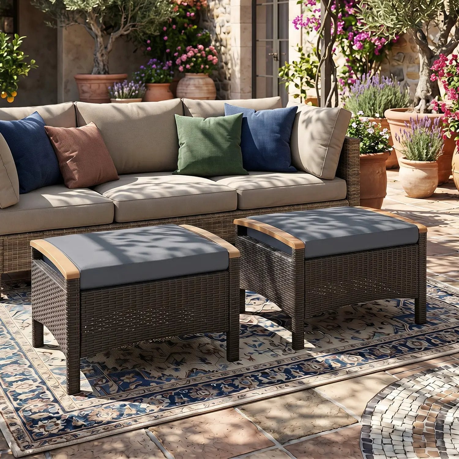 Wicker Patio Ottoman Set of 2 with Cushion by DirectDeals