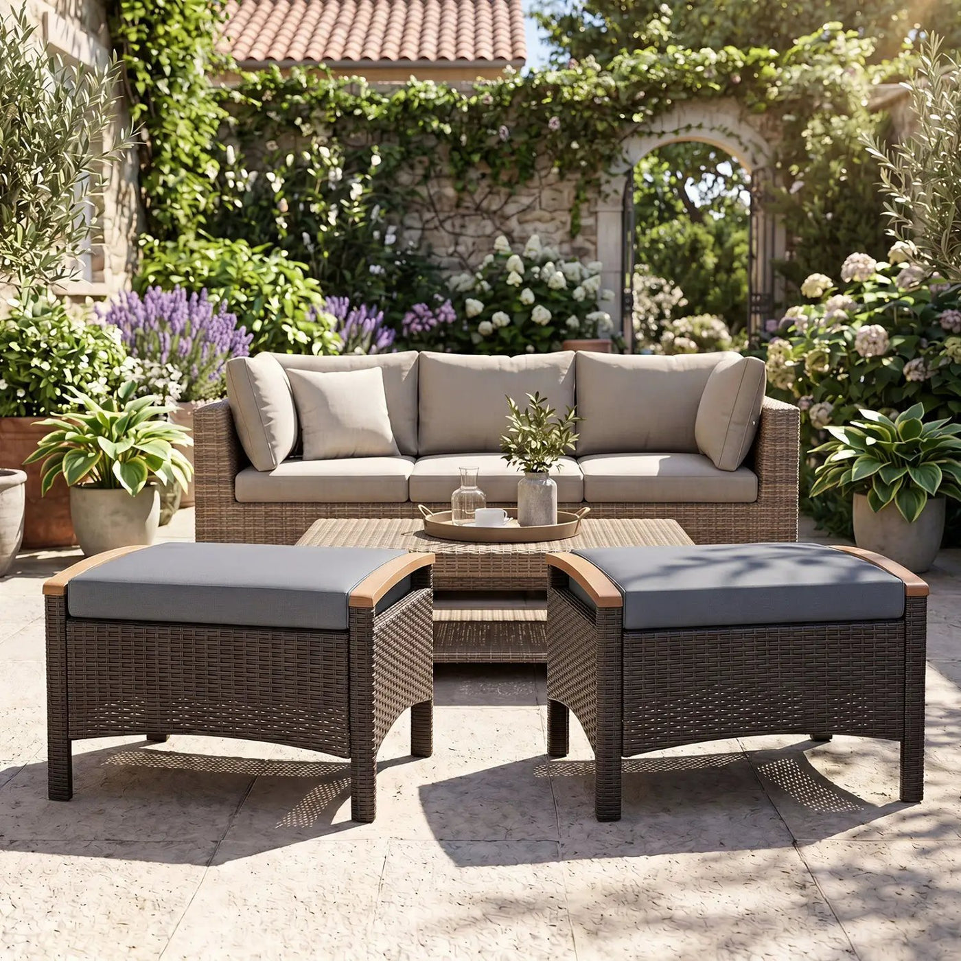 Wicker Patio Ottoman Set of 2 with Cushion by DirectDeals