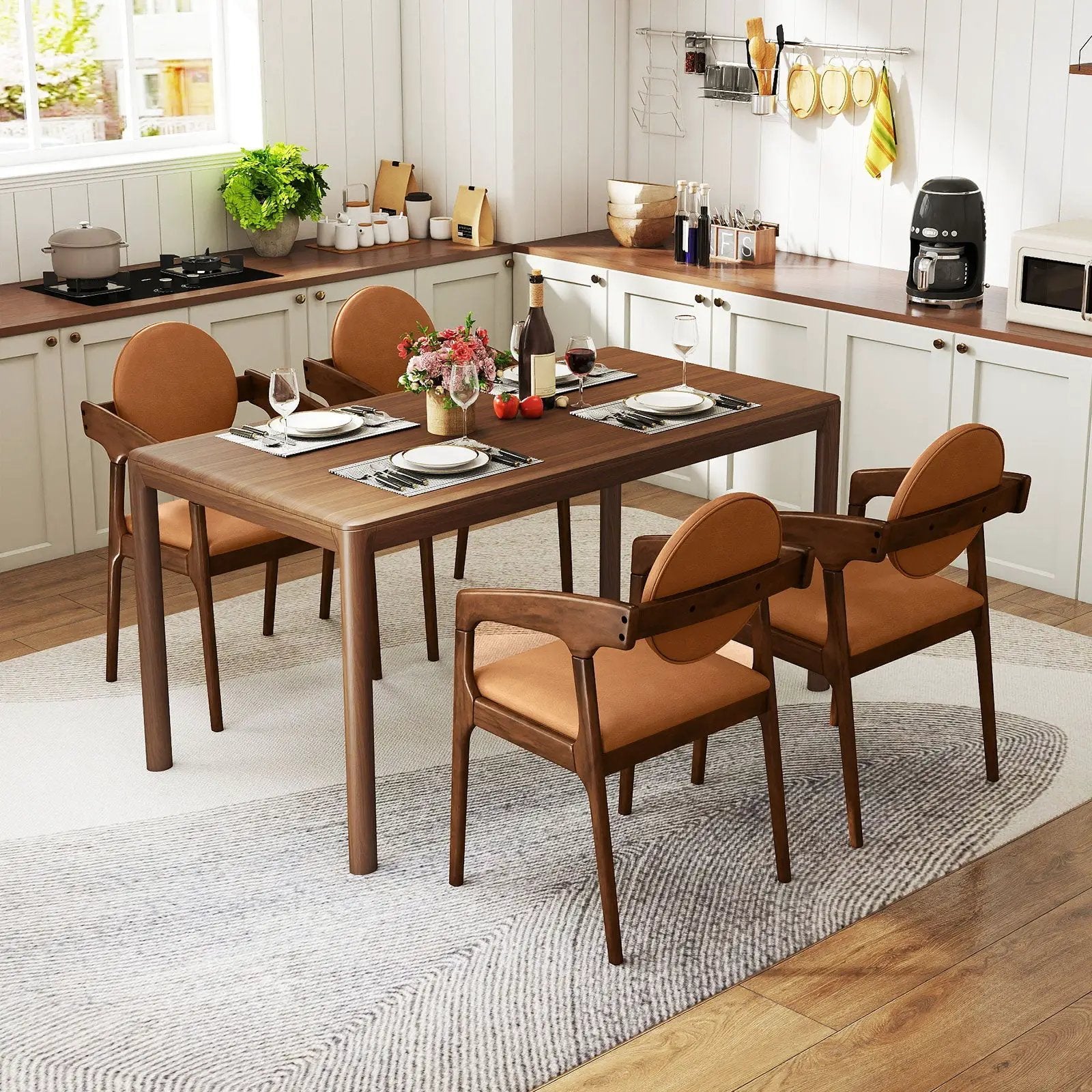 Set of 2 Wooden Dining Chair PU Leather Upholstered Armchairs-Brown by DirectDeals