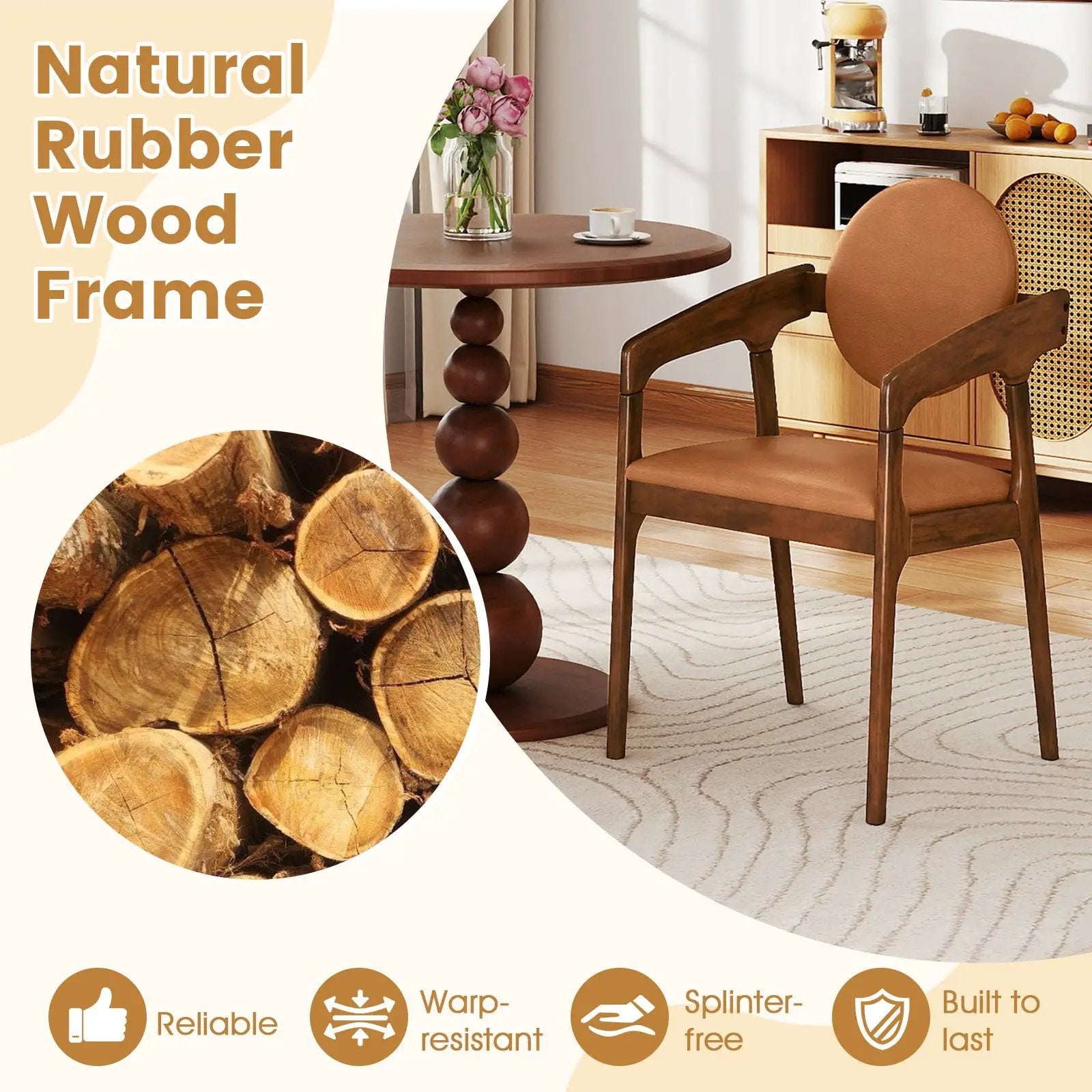 Set of 2 Wooden Dining Chair PU Leather Upholstered Armchairs-Brown by DirectDeals