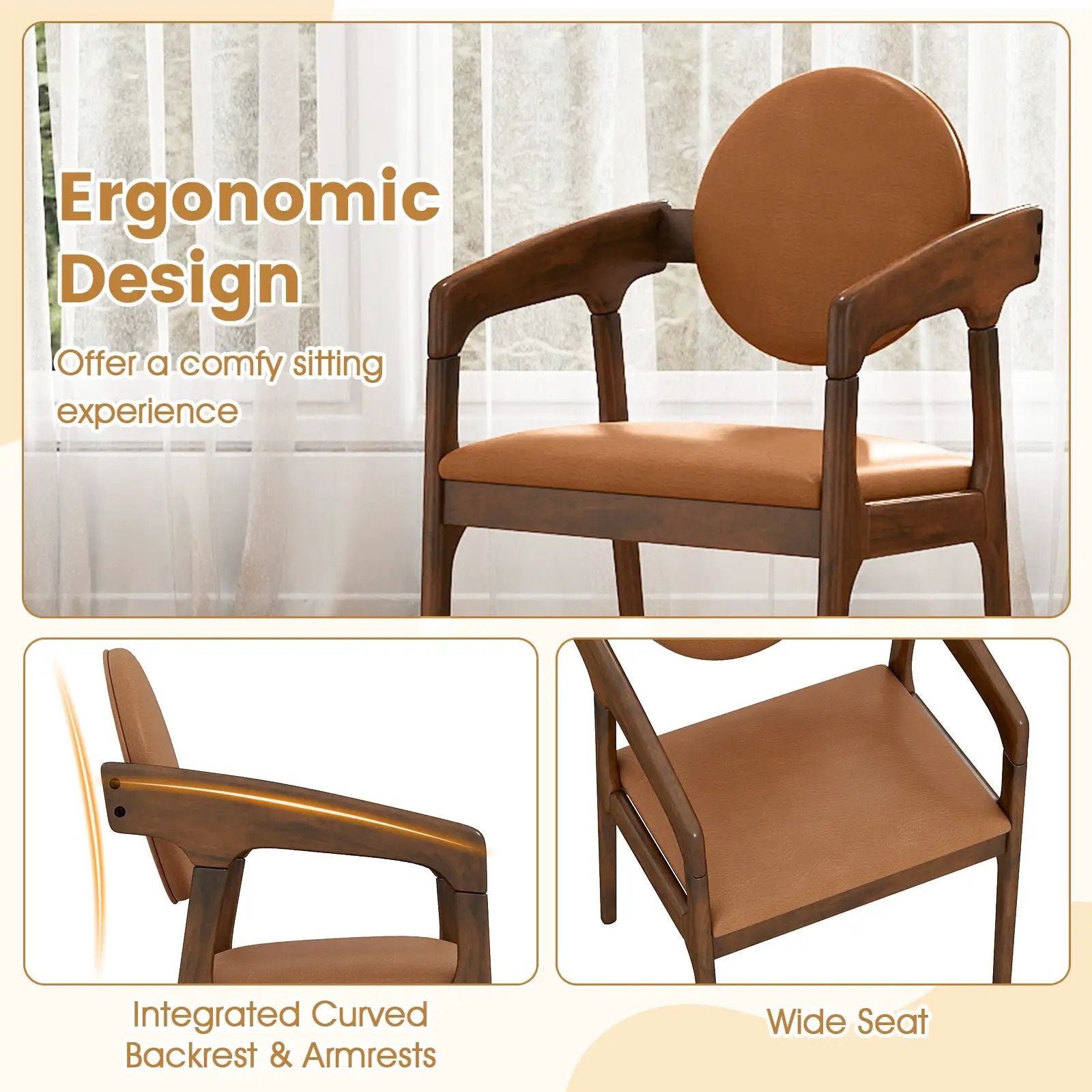 Set of 2 Wooden Dining Chair PU Leather Upholstered Armchairs-Brown by DirectDeals