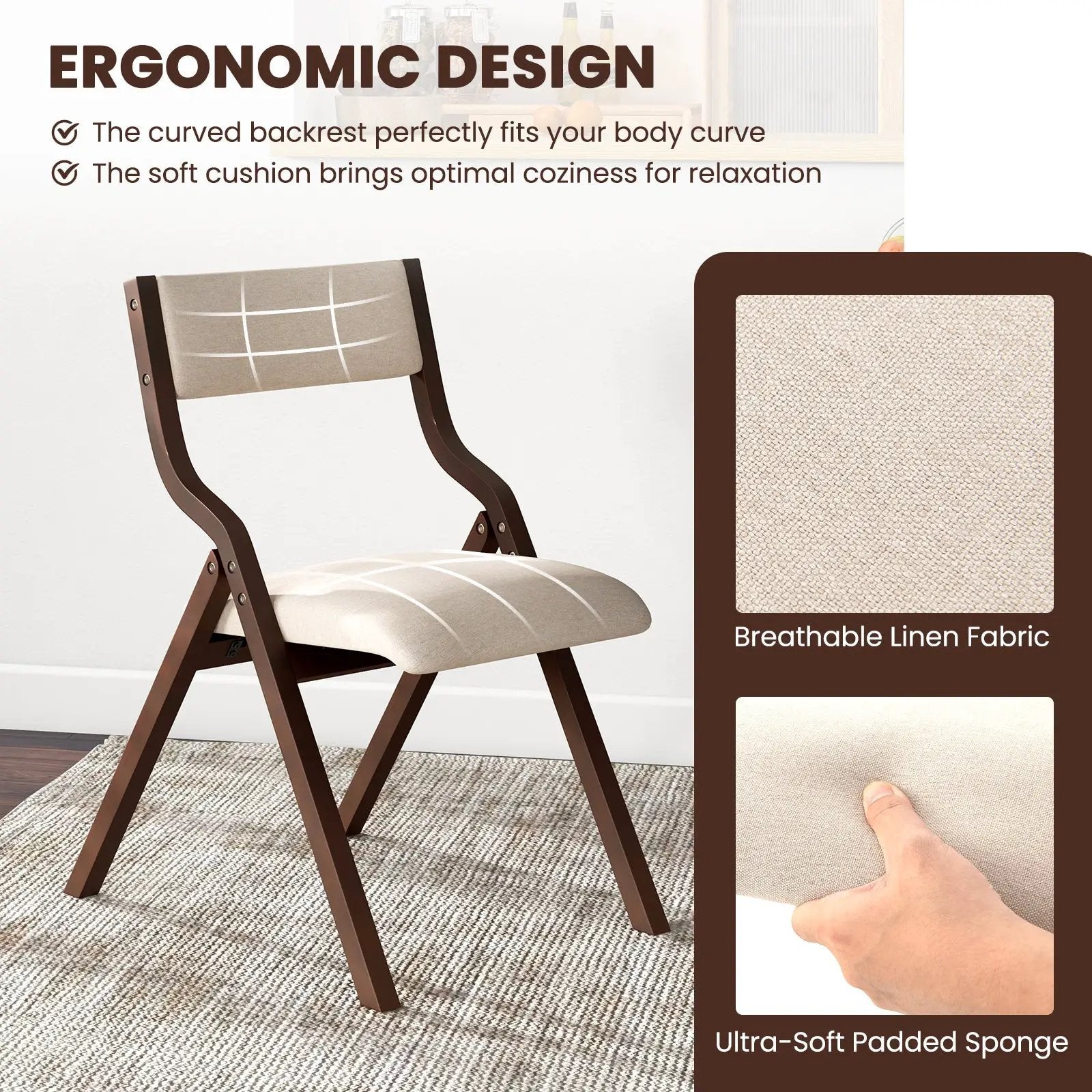 Set of 2 Wooden Folding Dining Chair with Linen Fabric Padded Seat and Backrest by DirectDeals