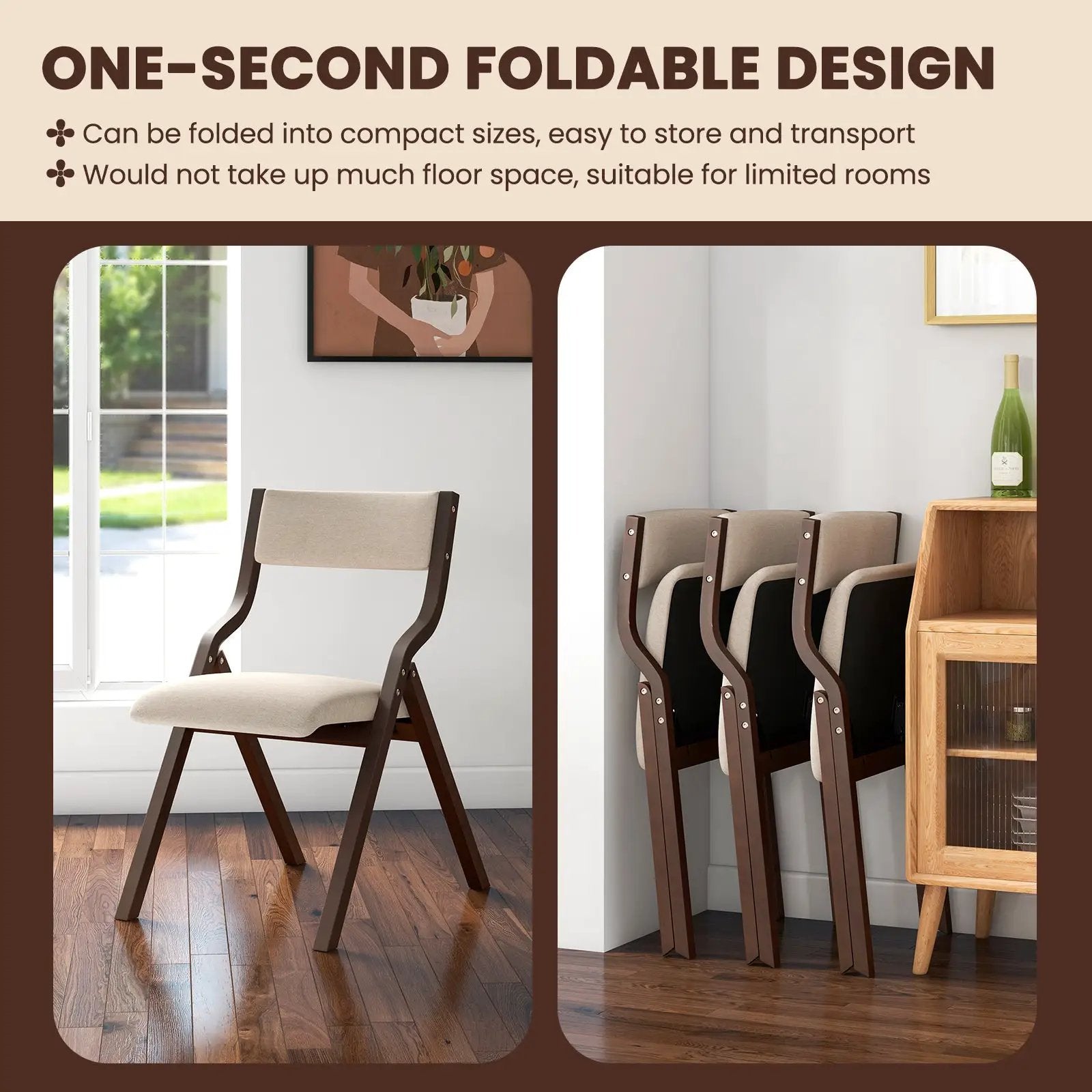 Set of 2 Wooden Folding Dining Chair with Linen Fabric Padded Seat and Backrest by DirectDeals