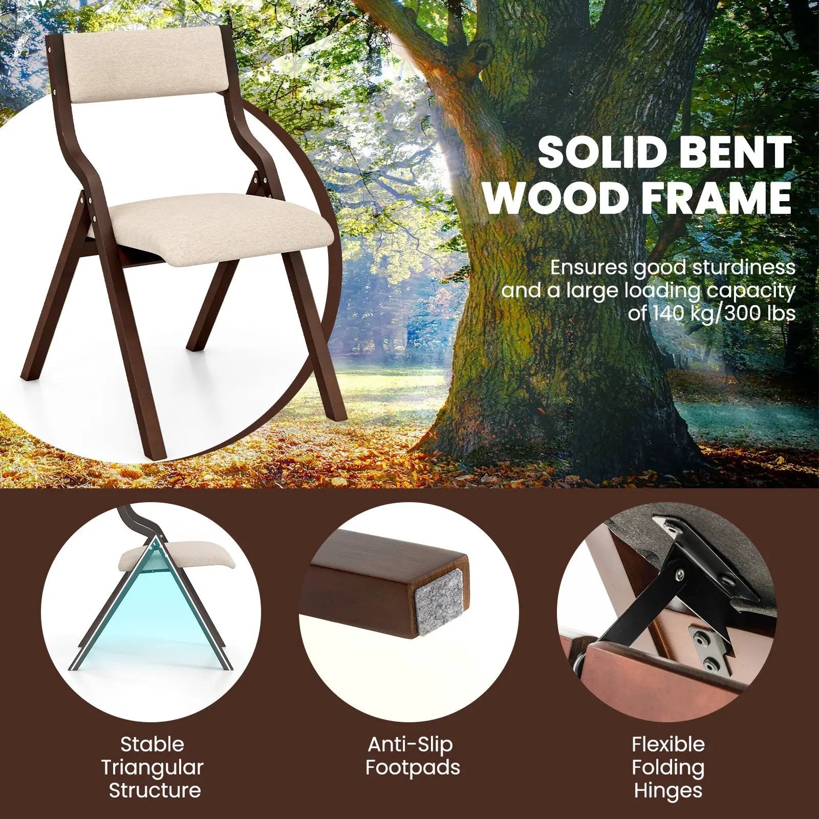 Set of 2 Wooden Folding Dining Chair with Linen Fabric Padded Seat and Backrest by DirectDeals