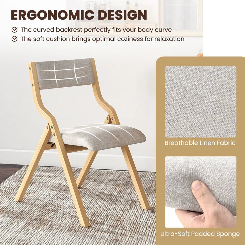 Set of 2 Wooden Folding Dining Chair with Linen Fabric Padded Seat and Backrest by DirectDeals