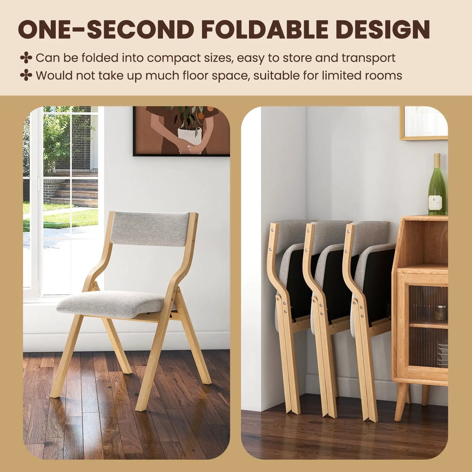 Set of 2 Wooden Folding Dining Chair with Linen Fabric Padded Seat and Backrest by DirectDeals