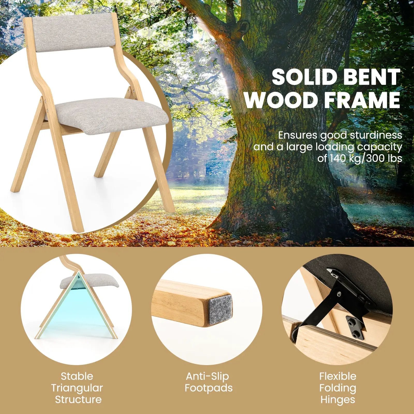 Set of 2 Wooden Folding Dining Chair with Linen Fabric Padded Seat and Backrest by DirectDeals