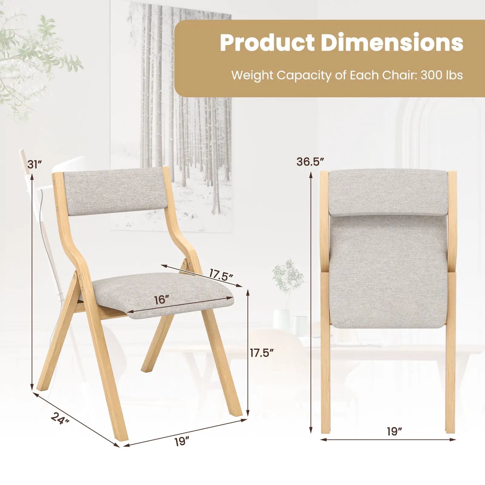 Set of 2 Wooden Folding Dining Chair with Linen Fabric Padded Seat and Backrest by DirectDeals