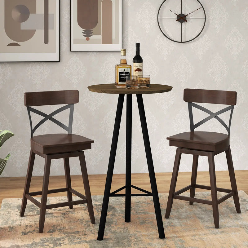 Set of 2 Wooden Swivel Bar Stools with Open X Back and Footrest by DirectDeals