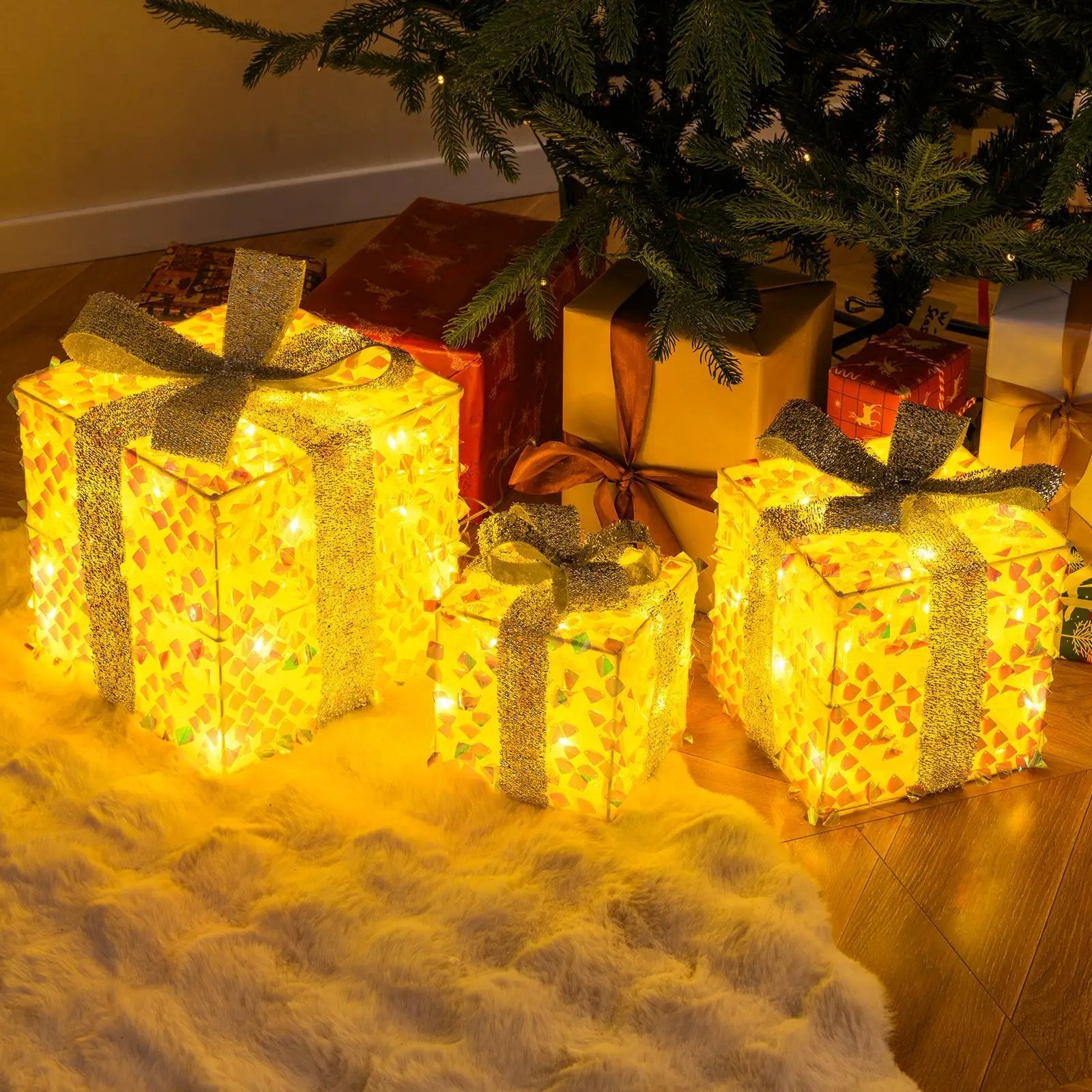 Set of 3 Christmas Lighted Gift Boxes with Pre-lit 90 LED Light and Bows by DirectDeals