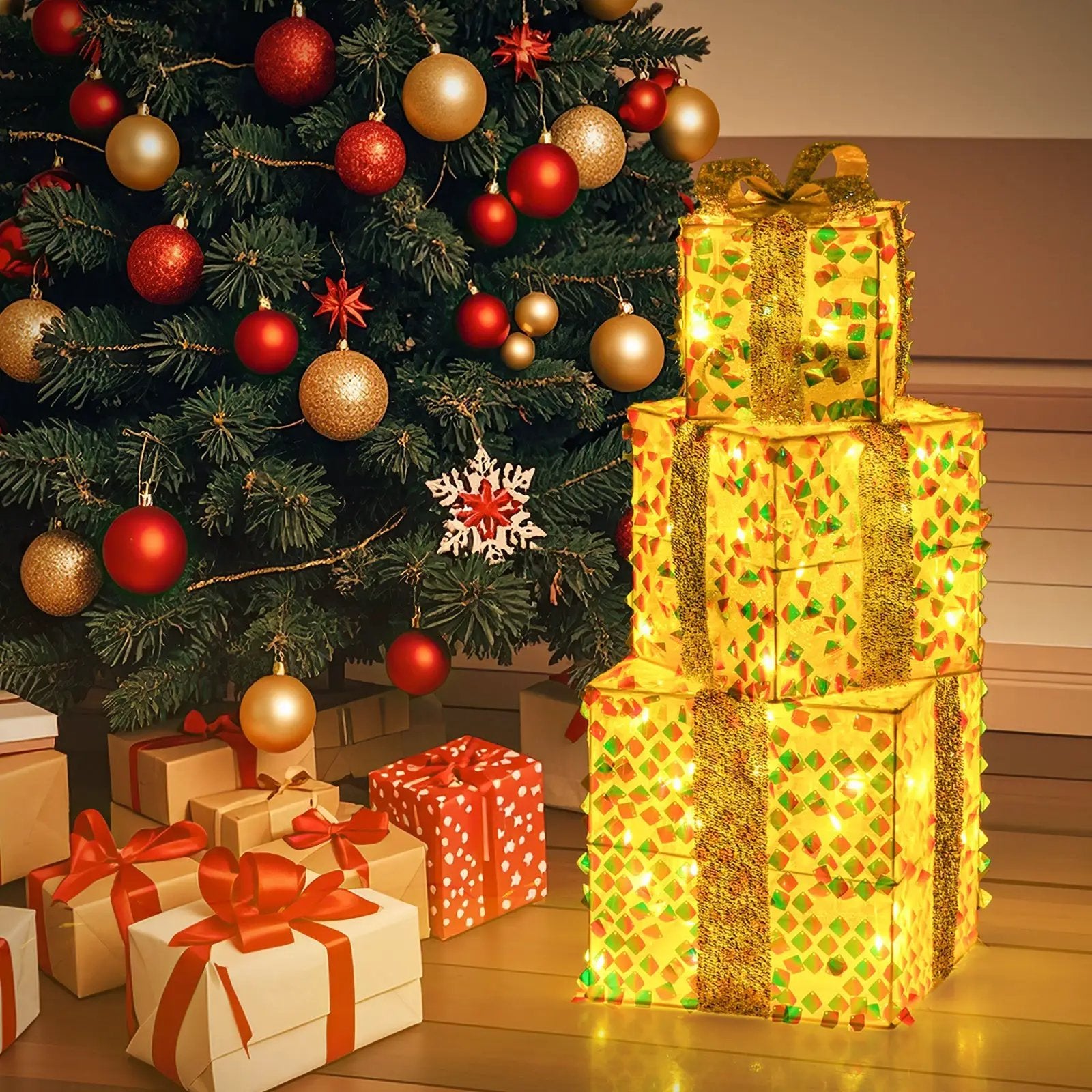 Set of 3 Christmas Lighted Gift Boxes with Pre-lit 90 LED Light and Bows by DirectDeals