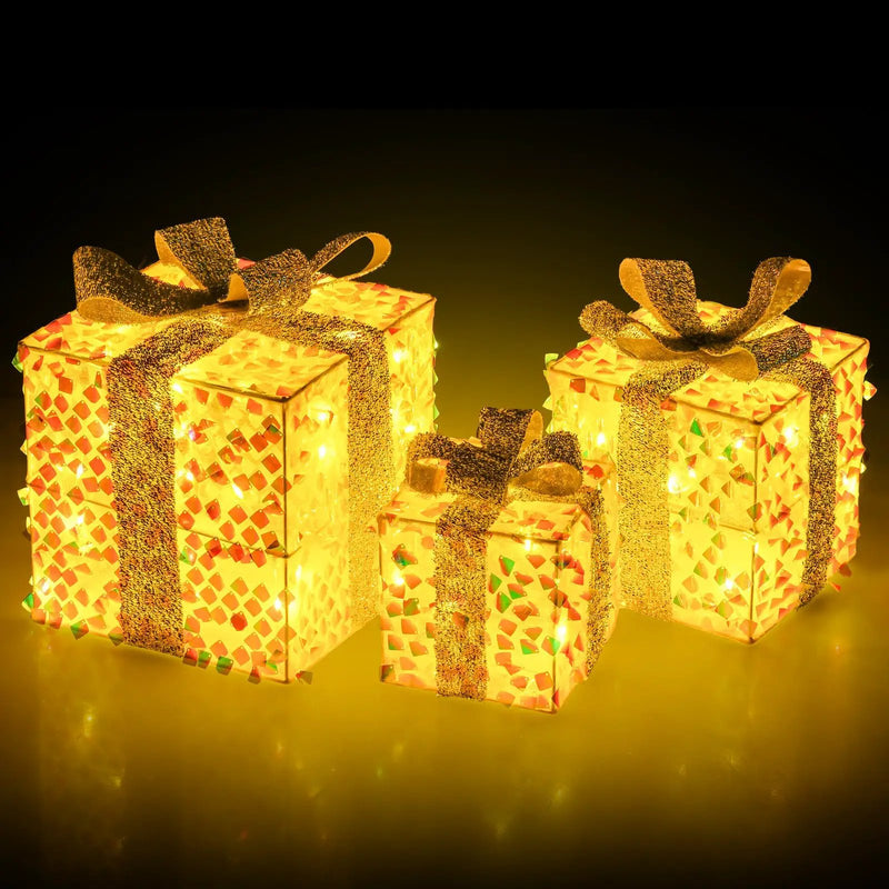 Set of 3 Christmas Lighted Gift Boxes with Pre-lit 90 LED Light and Bows by DirectDeals