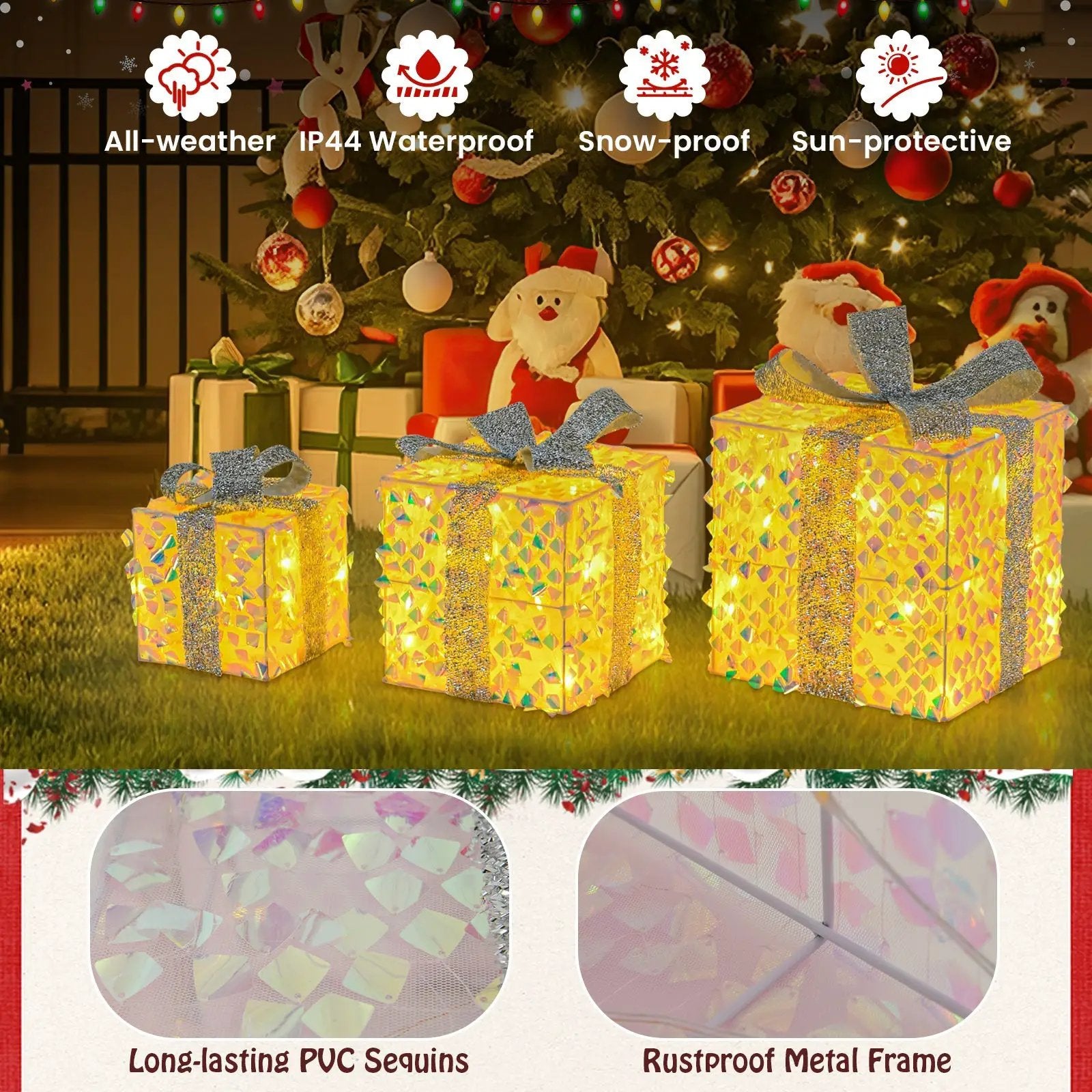 Set of 3 Christmas Lighted Gift Boxes with Pre-lit 90 LED Light and Bows by DirectDeals
