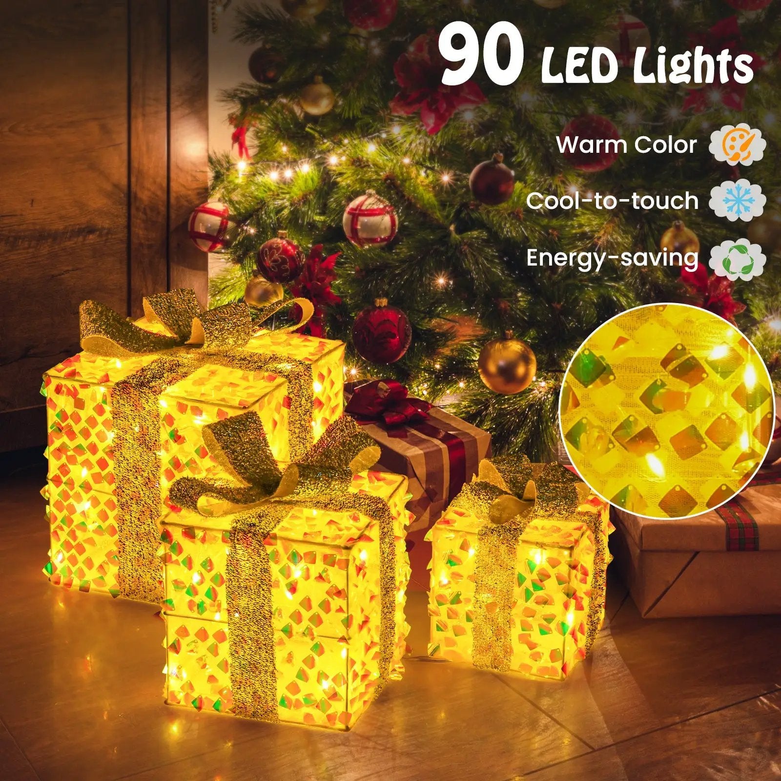 Set of 3 Christmas Lighted Gift Boxes with Pre-lit 90 LED Light and Bows by DirectDeals