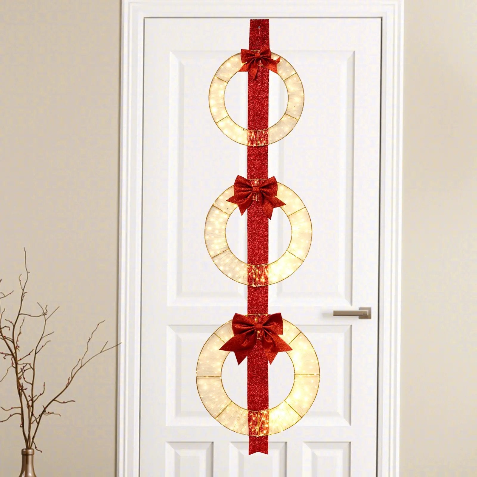 Set of 3 Christmas Lighted Wreaths with Warm White LED Lights and Bows by DirectDeals