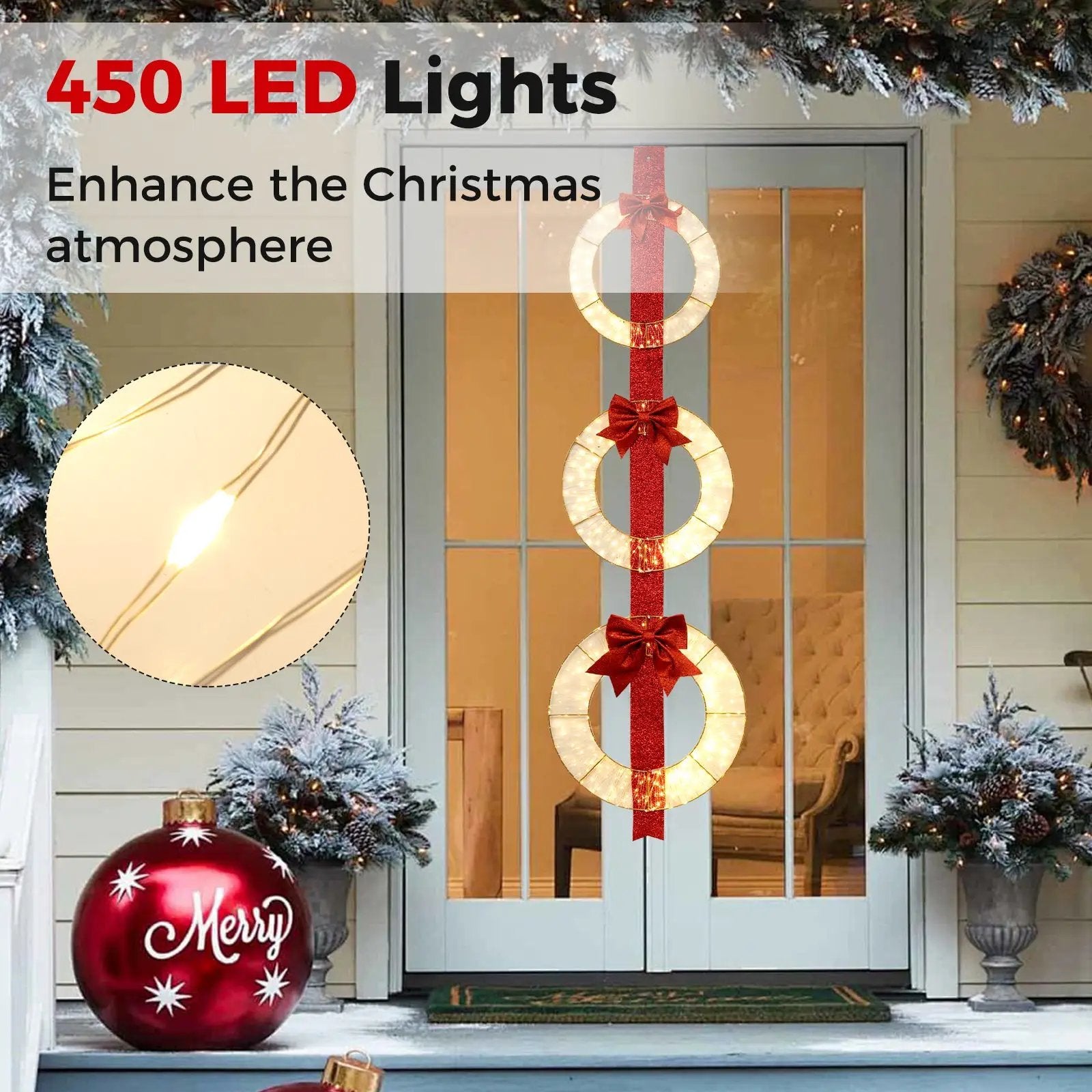 Set of 3 Christmas Lighted Wreaths with Warm White LED Lights and Bows by DirectDeals