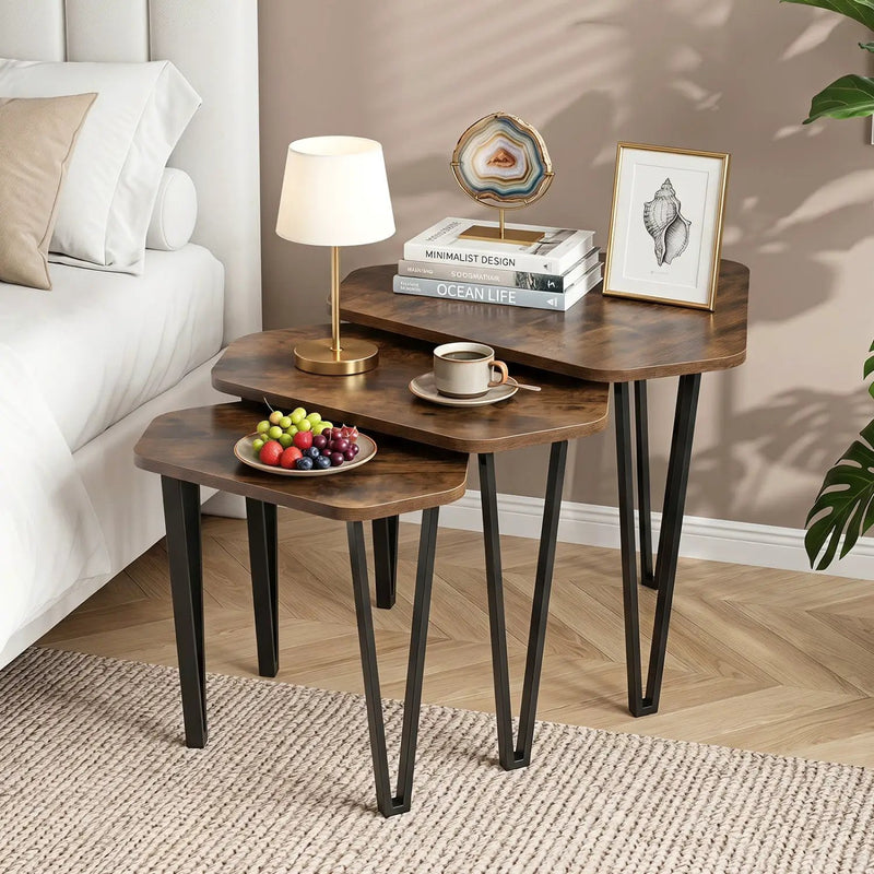 Nesting Coffee Tables Set of 3 with Metal Frame - Rustic Brown by DirectDeals