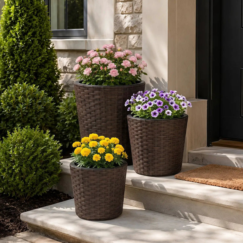 Plastic Rattan Planters Set of 3 with Drainage and Saucers by DirectDeals