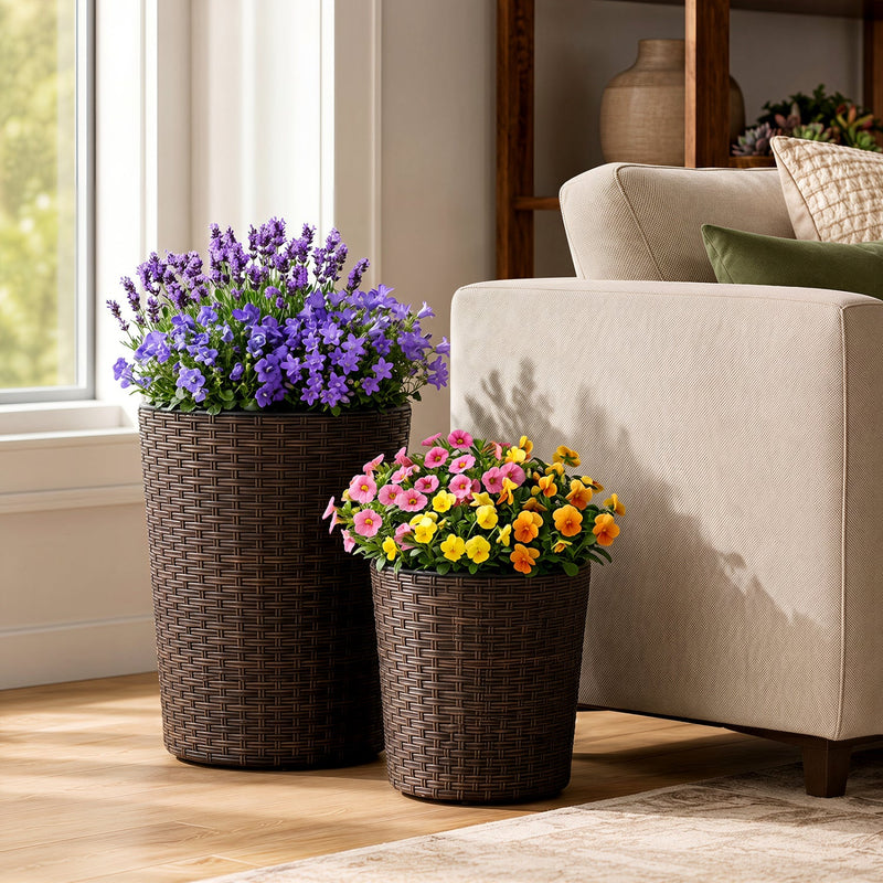 Plastic Rattan Planters Set of 3 with Drainage and Saucers by DirectDeals