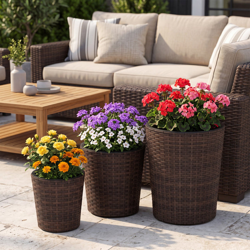 Plastic Rattan Planters Set of 3 with Drainage and Saucers by DirectDeals