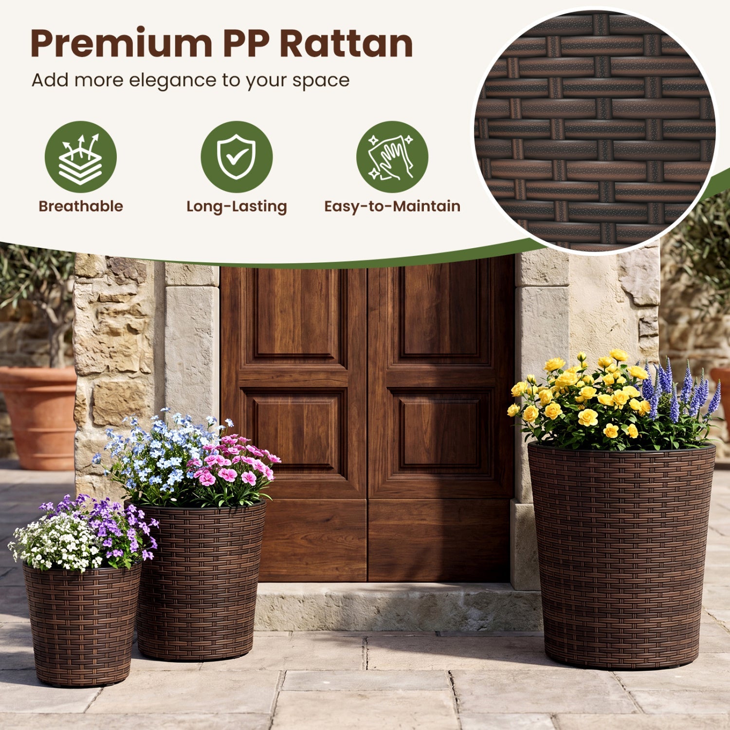 Plastic Rattan Planters Set of 3 with Drainage and Saucers by DirectDeals