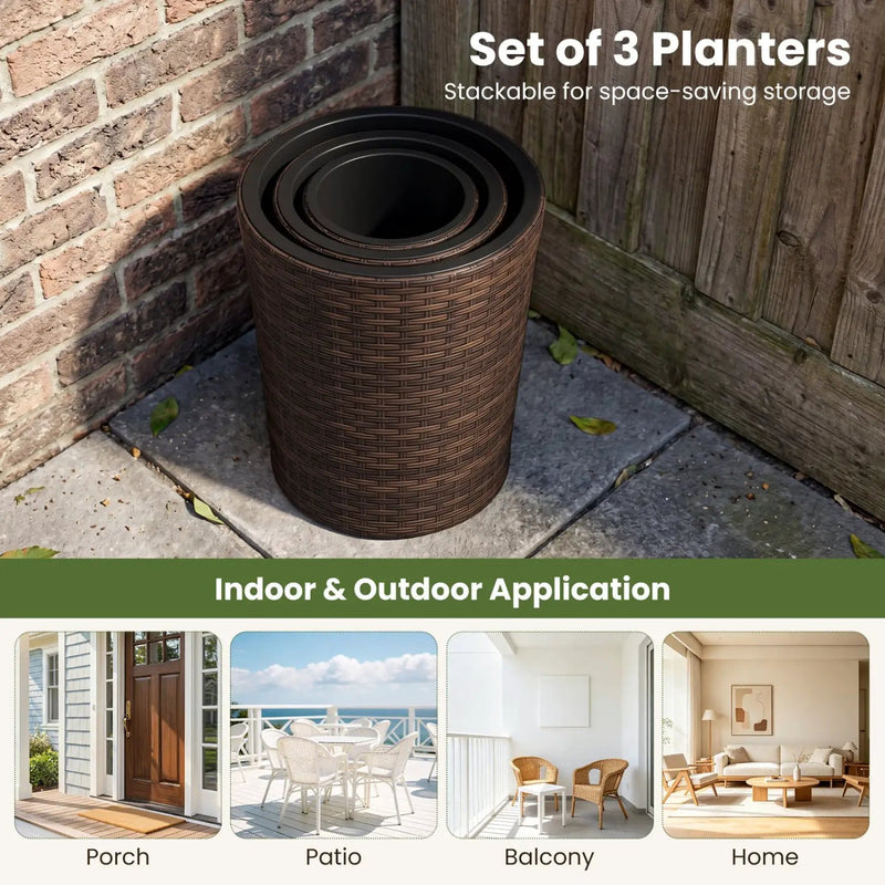 Plastic Rattan Planters Set of 3 with Drainage and Saucers by DirectDeals