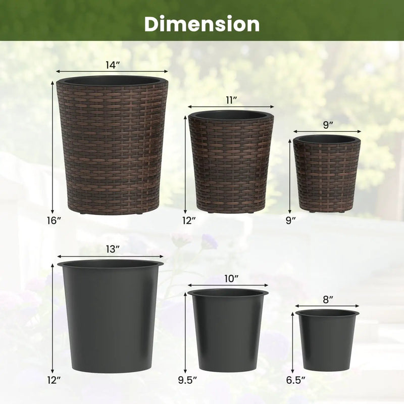 Plastic Rattan Planters Set of 3 with Drainage and Saucers by DirectDeals