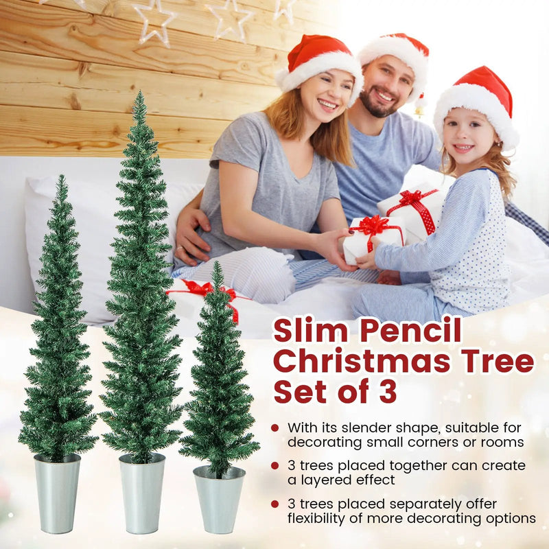 Set of 3 Potted Artificial Christmas Tree with Silver Metal Buckets by DirectDeals
