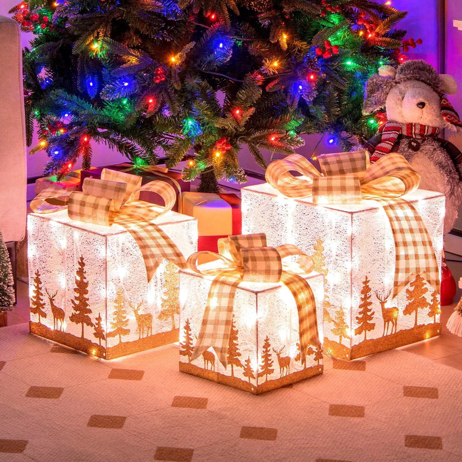 Set of 3 Lighted Christmas Gift Box with 100 Warm White Lights by DirectDeals