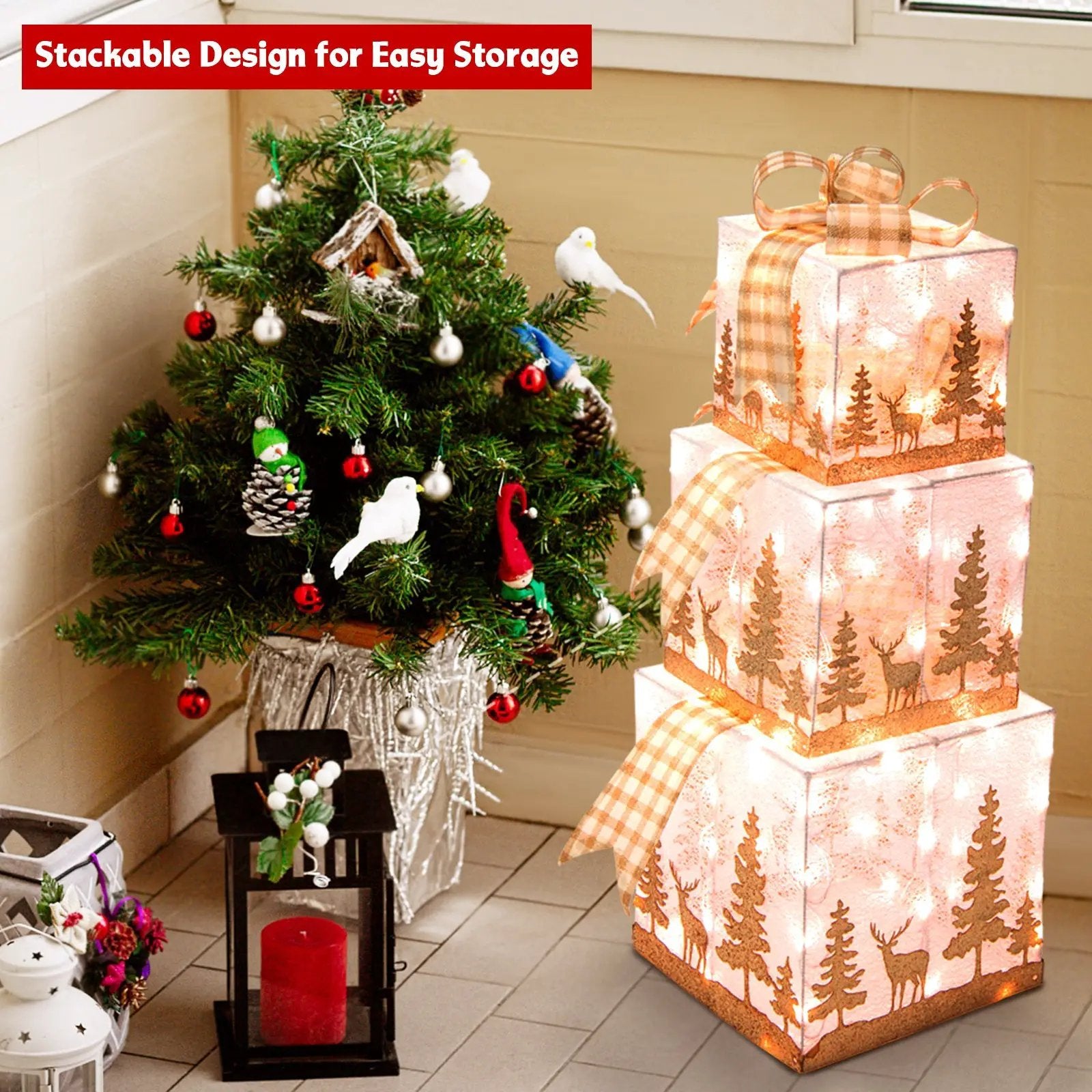 Set of 3 Lighted Christmas Gift Box with 100 Warm White Lights by DirectDeals