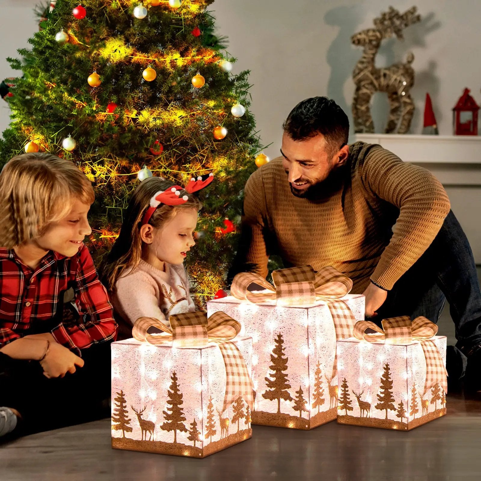 Set of 3 Lighted Christmas Gift Box with 100 Warm White Lights by DirectDeals