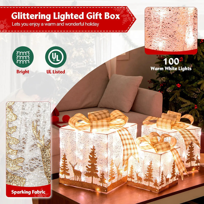 Set of 3 Lighted Christmas Gift Box with 100 Warm White Lights by DirectDeals