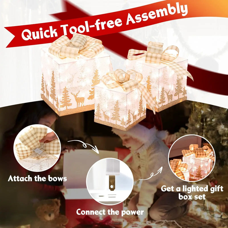 Set of 3 Lighted Christmas Gift Box with 100 Warm White Lights by DirectDeals