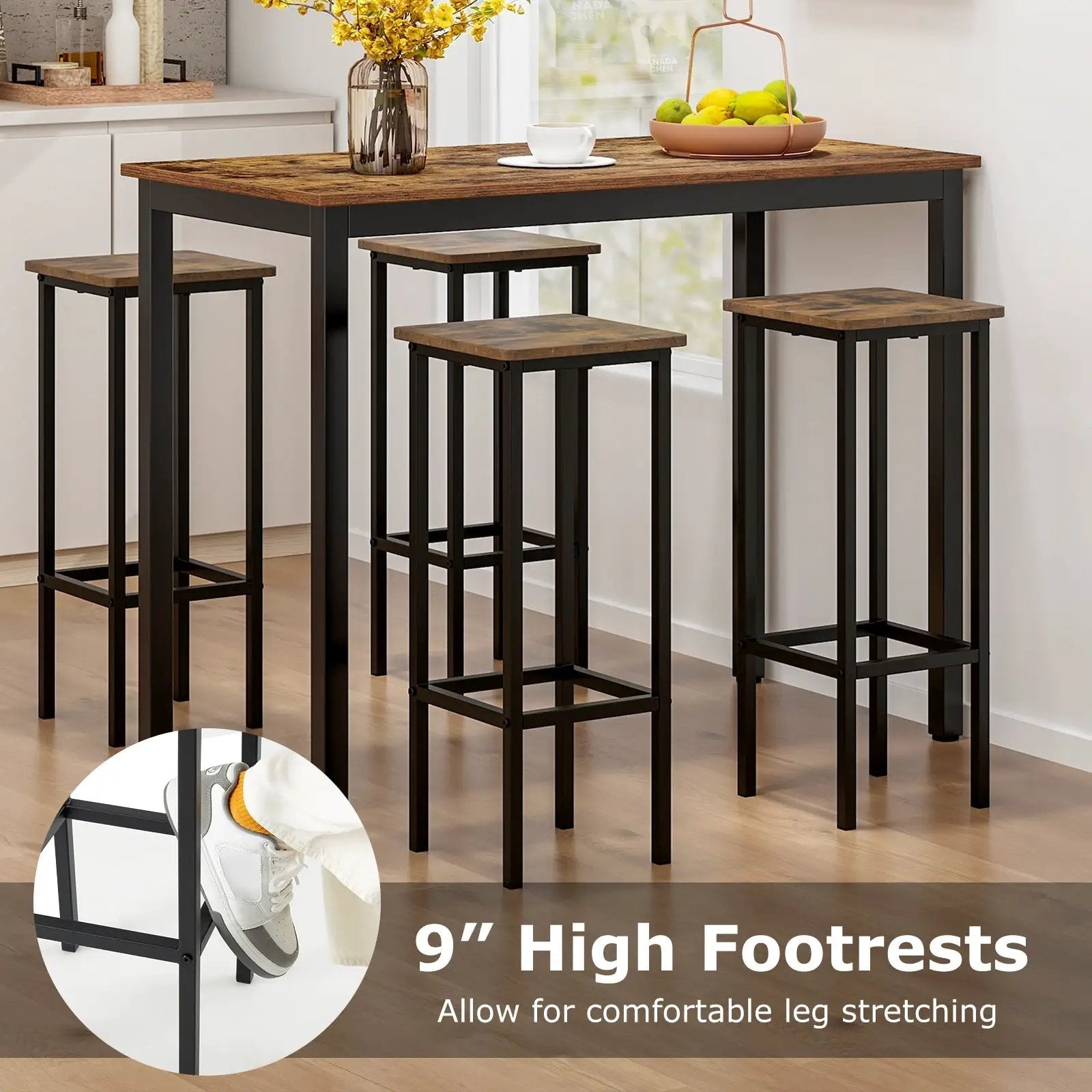 Set of 4 Bar Stool Set with Metal Legs and Footrest-Coffee by DirectDeals